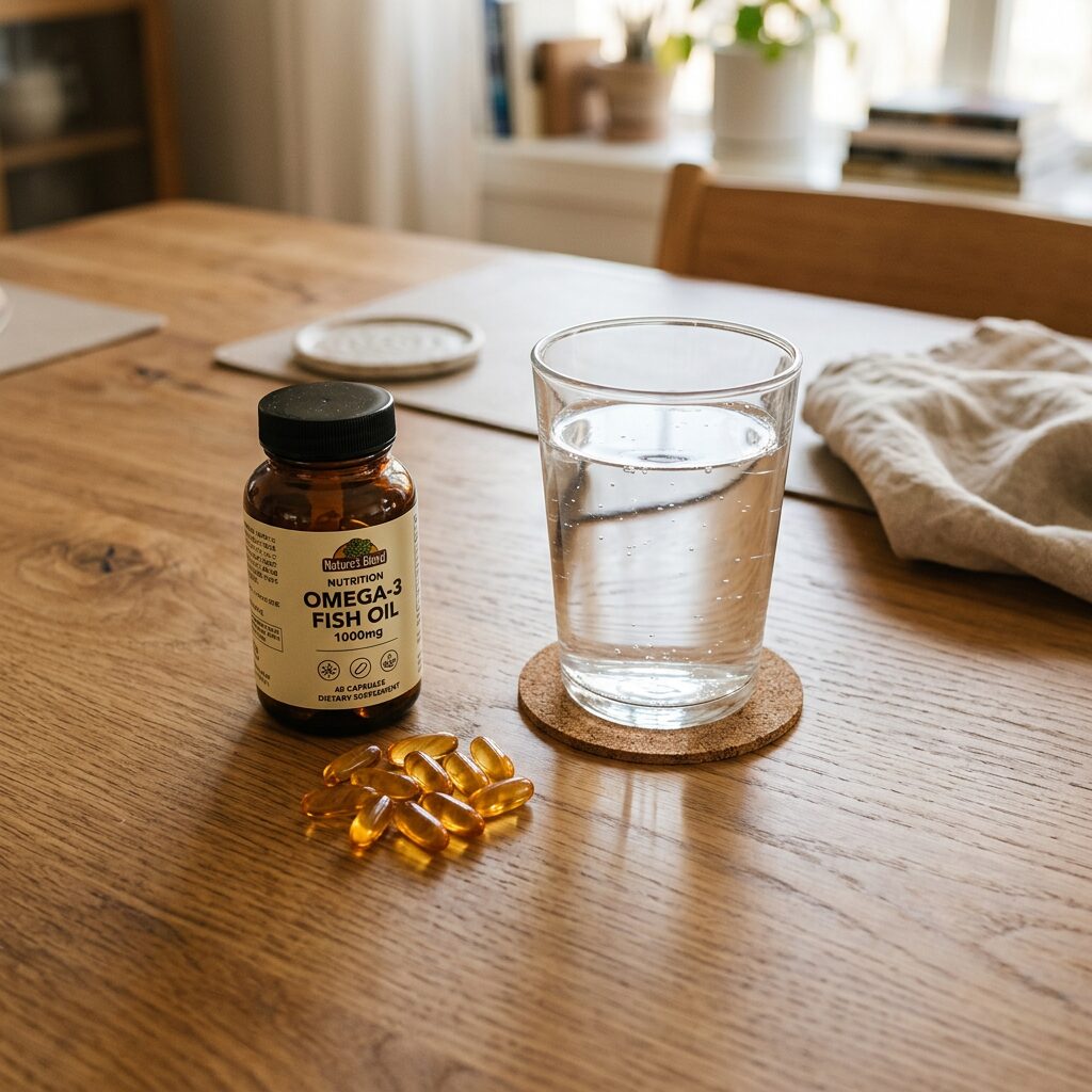 Bottle of Omega-3 fish oil capsules and a glass of water on a wooden table