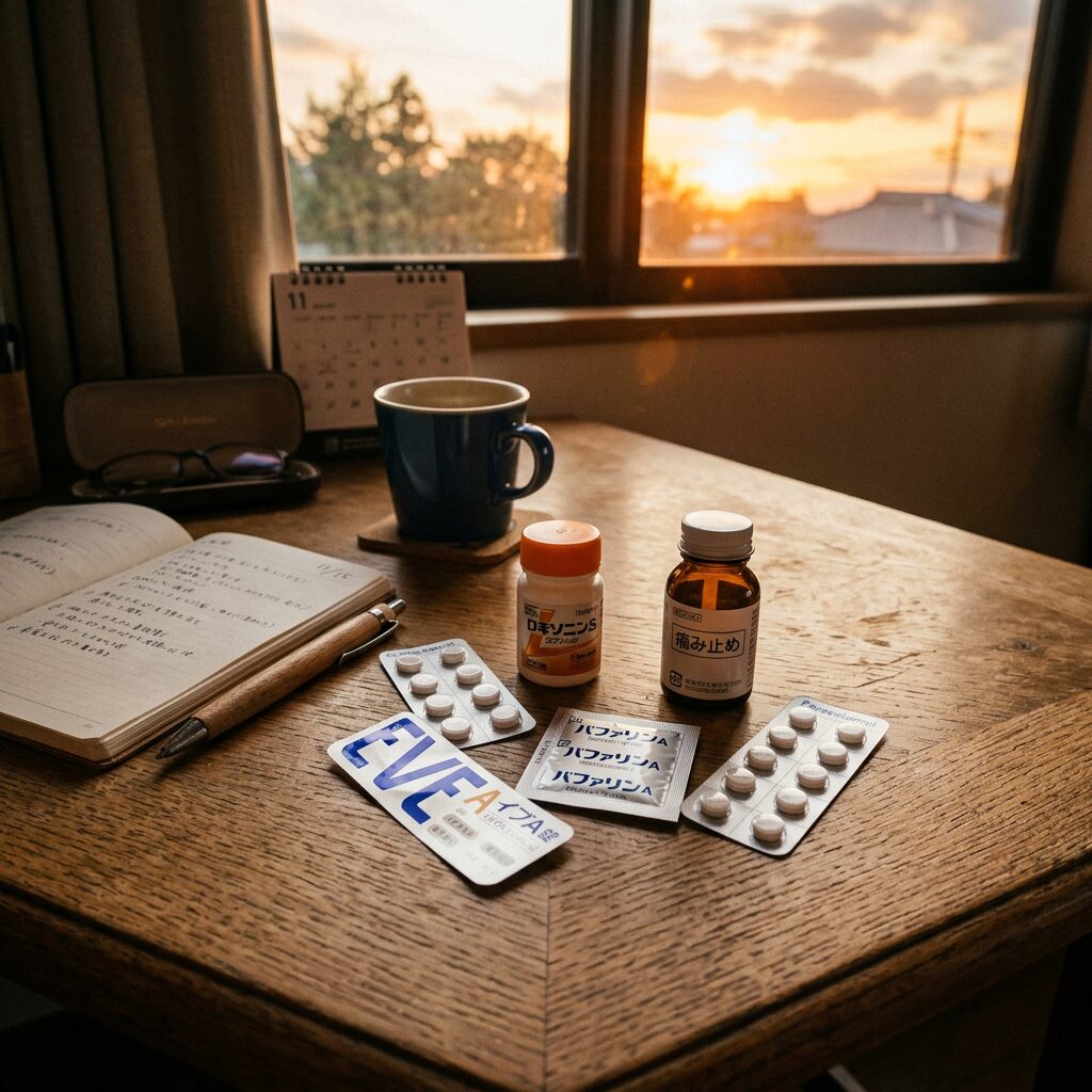 Table with medication, open notebook, pen, coffee cup, glasses, and calendar at sunrise