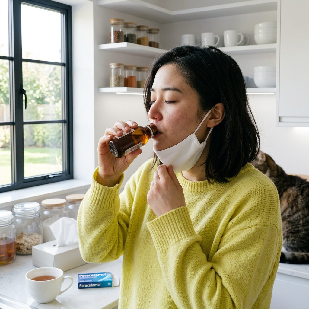 Woman with lowered mask taking cough syrup from small bottle