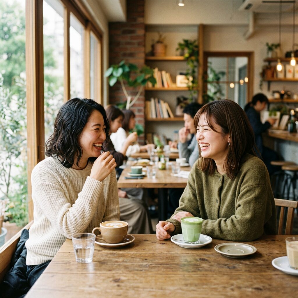 Two women laughing and talking over coffee at a wooden table in a cafe